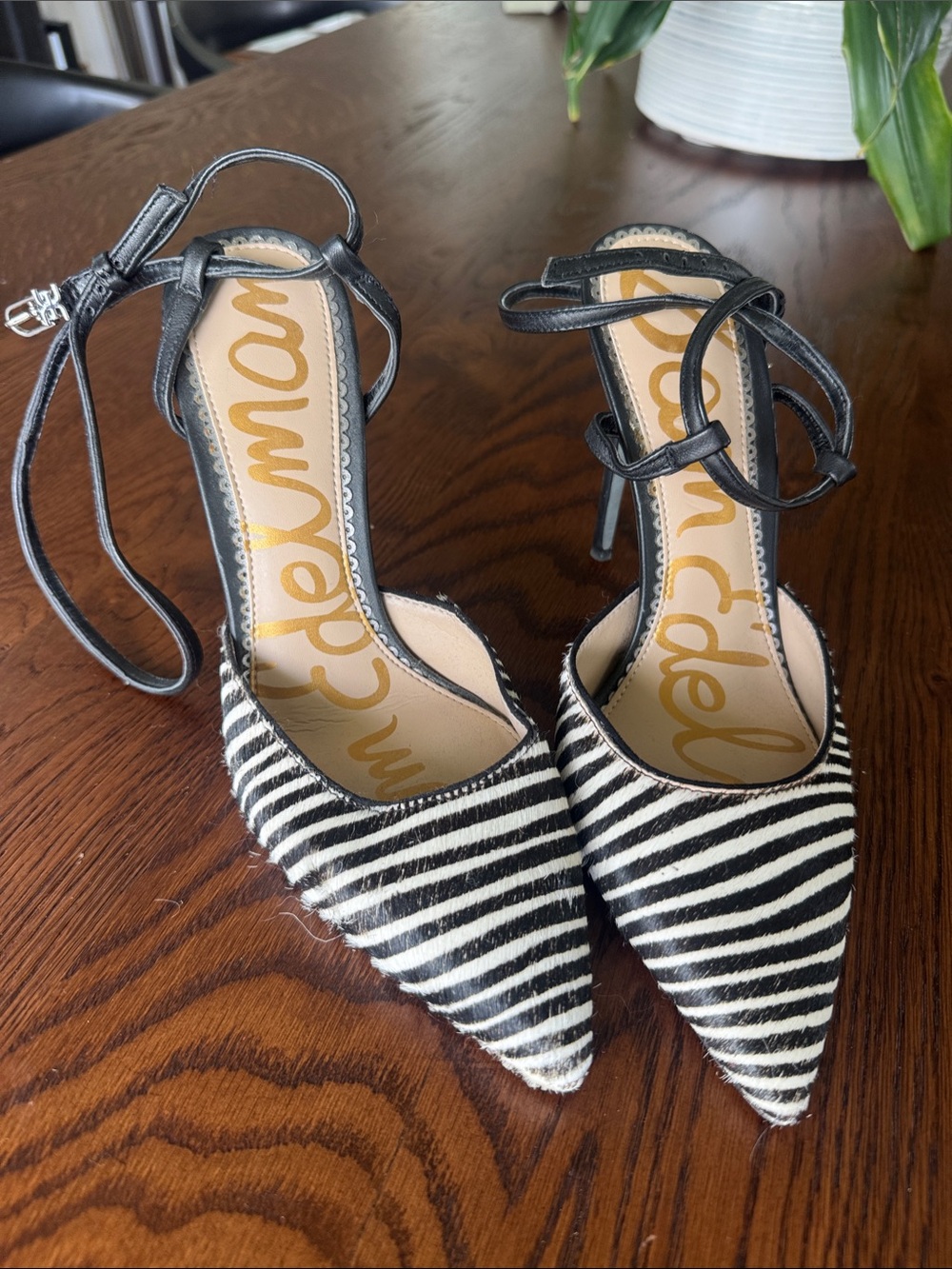 Sam Edelman Black & White Striped Pointed Ankle-Strap Heels
